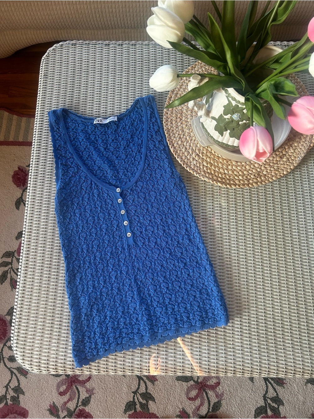 Zara Blue Knit Henley Tank Top